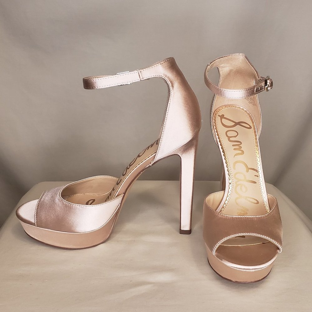 Sam Edelman Champagne Satin Platform Heels, Size 9.